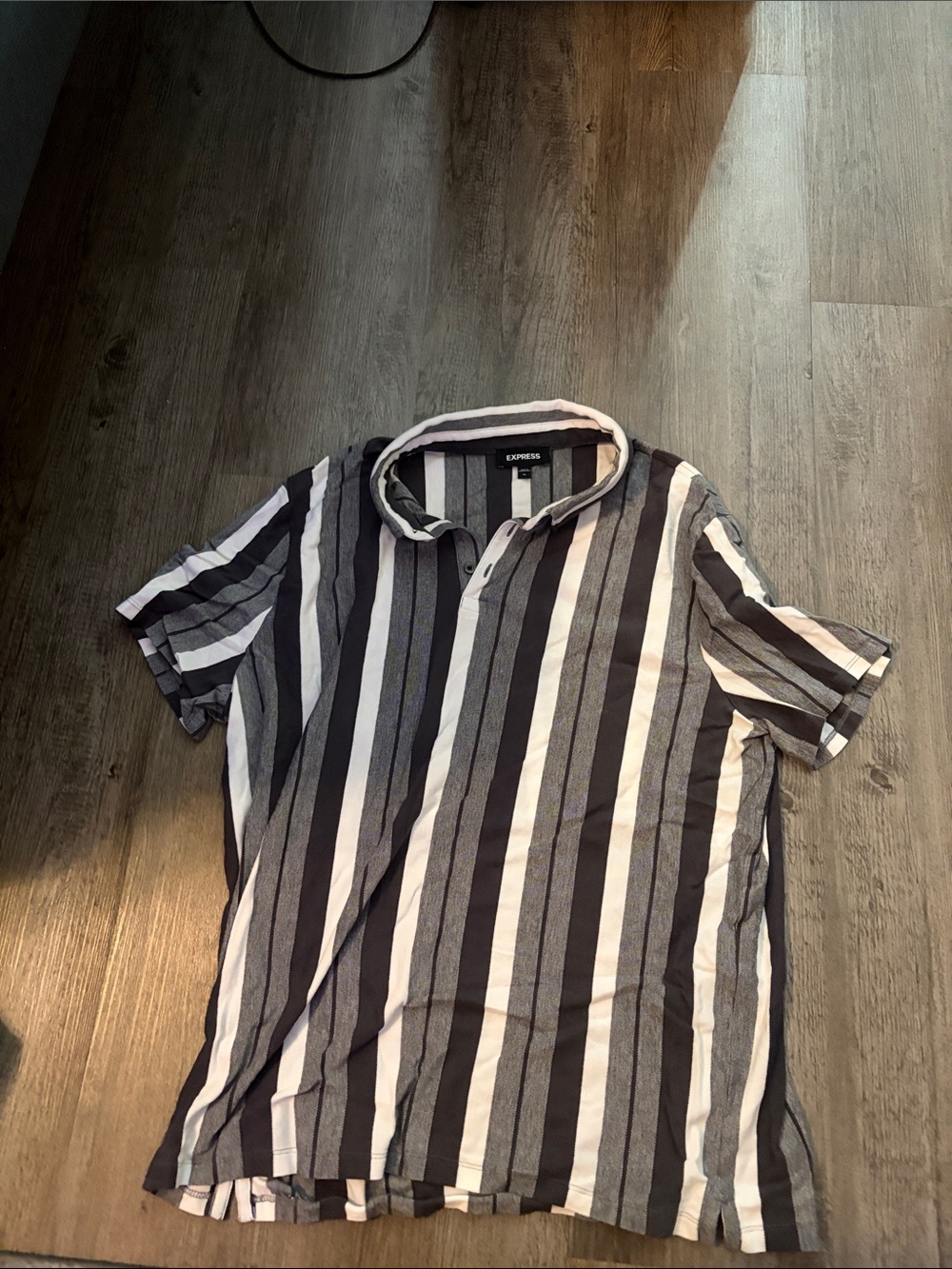 Express Men’s Black, White & Gray Vertical Stripe Polo